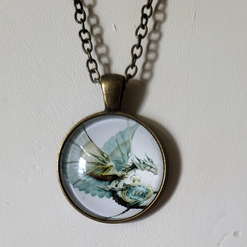 Steampunk Dragon Glass Cabochon Pendant Necklace